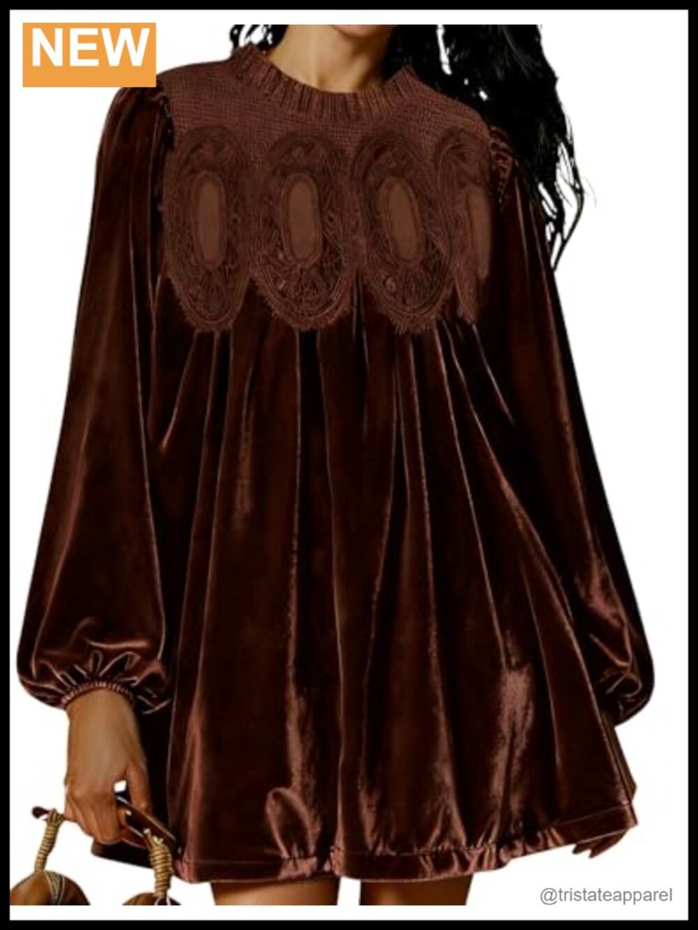 Velvet Lace Babydoll A-Line Mini Dress Pleated Swing Scallop Neck